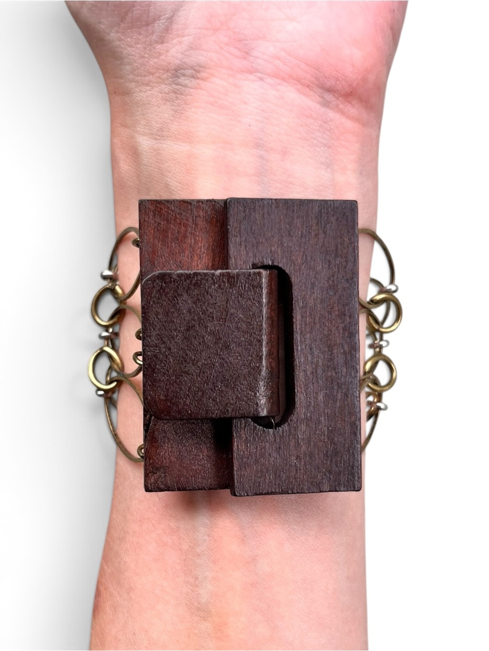 Vintage Brass Chainmail Bracelet With Cherry Stained Wooden Toggle Clasp